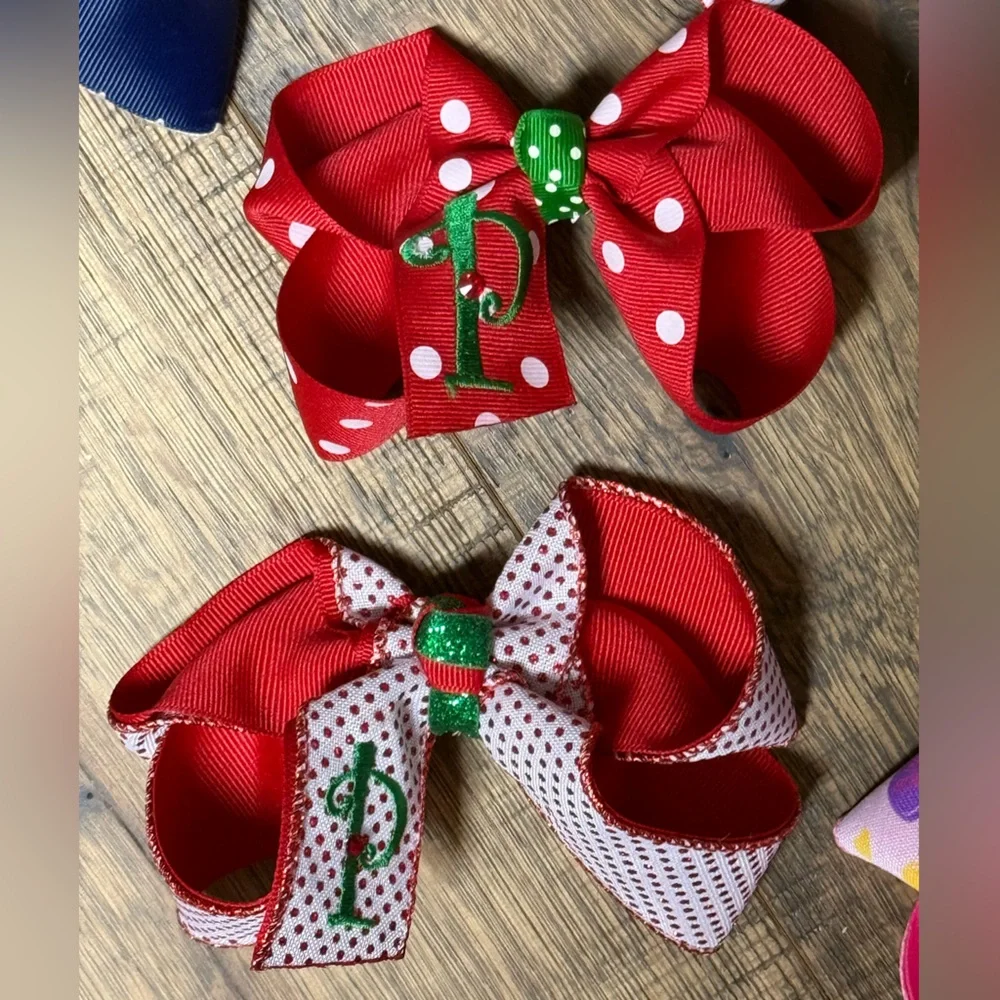 Handmade Red, Green, and White Christmas Hair Bows with the Letter P Embroidery.